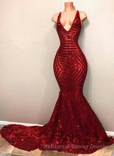 Red Sequins Shiny V-Neck Mermaid Long Semi Formal Prom Dresses